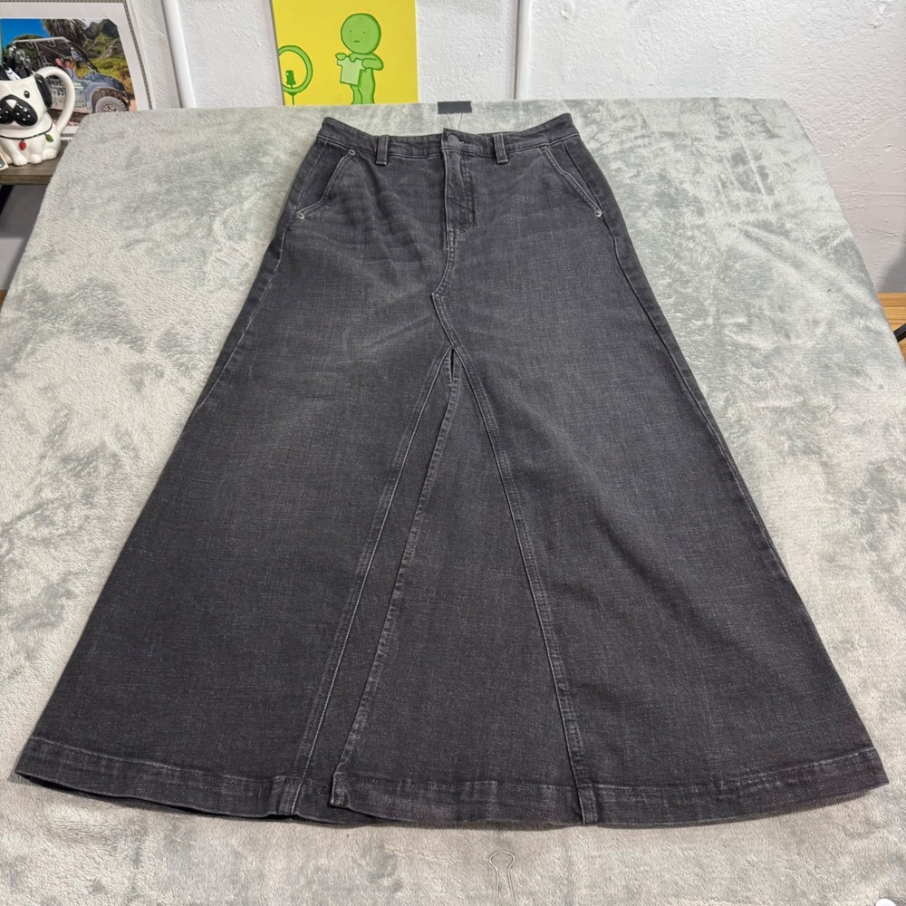 Banana Republic Women Black Denim Maxi Skirt High Waisted A-Line Front Slit Sz 0